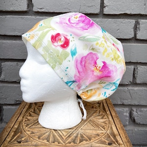 Floral Scrub Cap, Pink Flower, Surgical Scrub Cap, Scrub Caps for Women, Scrub Hats, Euro Pixie Toggle Hat, Peony