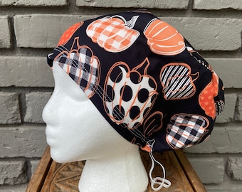Fall Scrub Cap, Pumpkin Scrub Cap, Scrub Caps for Women, Scrub Hats, Euro Scrub Cap, Scrub Cap with Buttons, Scrub Hat with Toggle