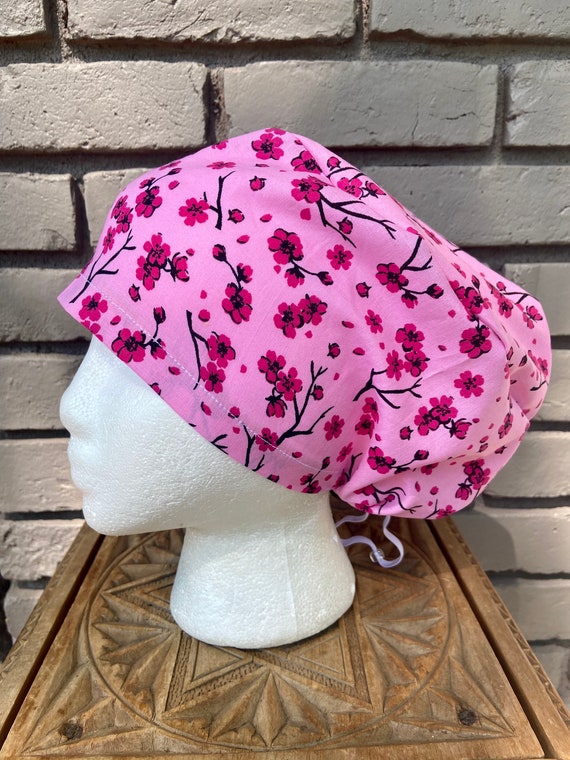 Pink and Magenta Cherry Blossom Floral Print - Surgical Scrub Cap -Handmade- Euro Pixie Toggle Scrub Hat