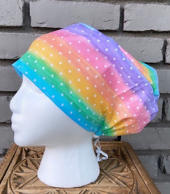 Rainbow, Polka Dot Scrub Cap, Surgical Scrub Cap, Scrub Cap for Woman, Scrub Hats, Euro Scrub Cap for Woman with Toggle,
