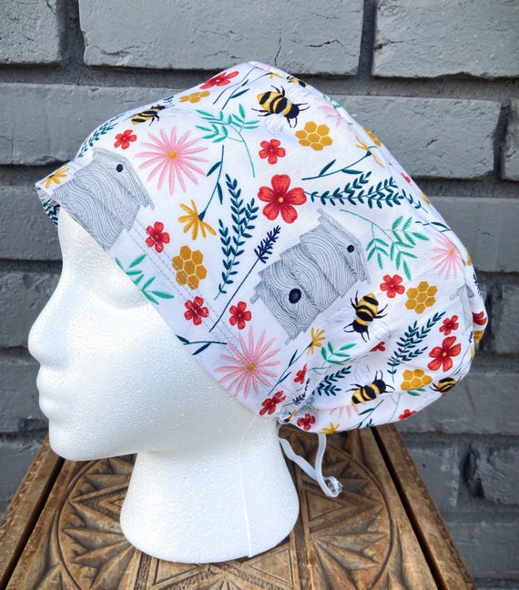 Bee Scrub Cap, Floral Hive Garden, Surgical Scrub Cap, Scrub Caps for Women, Scrub Hats, Euro Pixie Toggle Hat