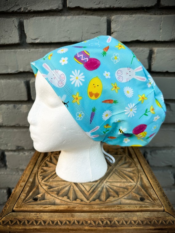 Easter Scrub Cap, Bunny, Floral Scrub Hat, Surgical Scrub Cap, Scrub Cap for Woman, Scrub Hats, Euro Scrub Cap for Woman with Toggle