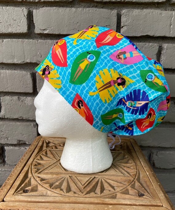Poolside Bright Print - Surgical Scrub Cap -Handmade- Euro Pixie Toggle Scrub Hat