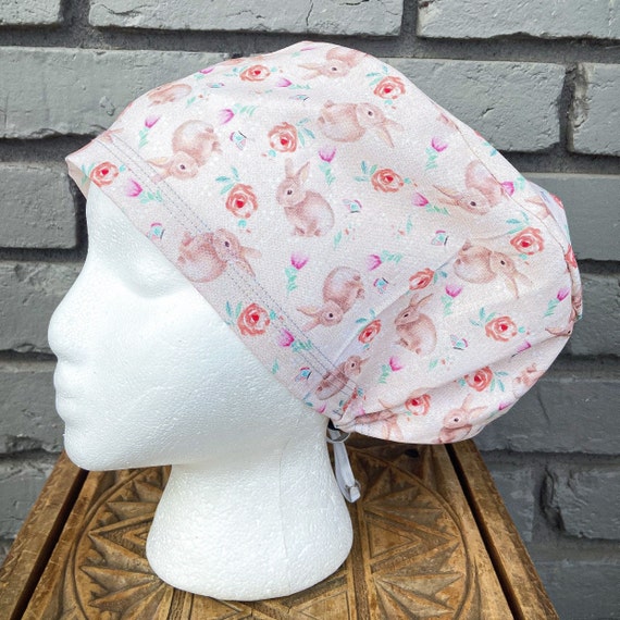 Easter Scrub Cap, Bunny, Rabbit, Floral Scrub Hat, Surgical Scrub Cap, Scrub Cap for Woman, Scrub Hats, Euro Scrub Cap for Woman with Toggle