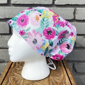 Floral Scrub Cap, Pink Flower, Surgical Scrub Cap, Scrub Caps for Women, Scrub Hats, Euro Pixie Toggle Hat, Peony