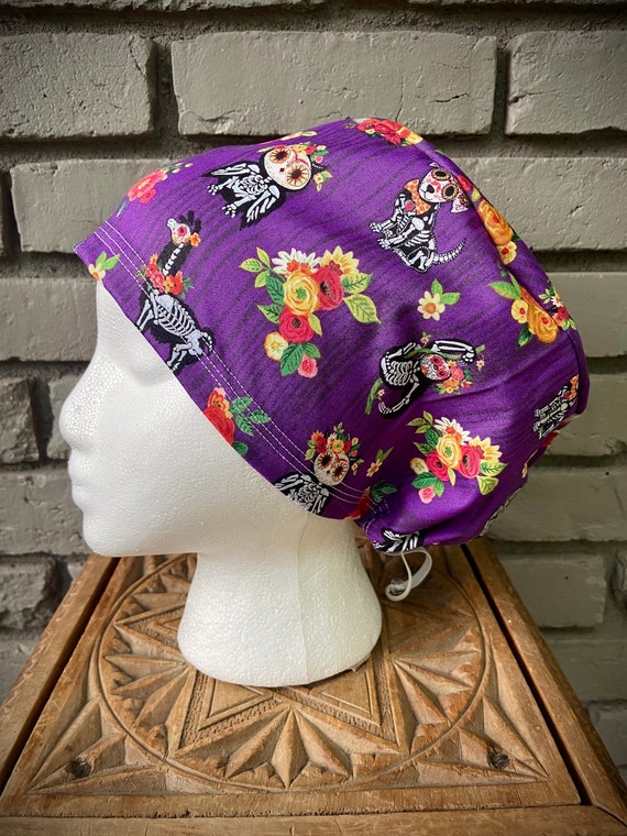 Halloween Scrub Cap, Sugar Skull Scrub Hat, Scrub Cap for Women, Scrub Hat, Euro Scrub Cap, Scrub Cap with Buttons, Scrub Hats with Toggle