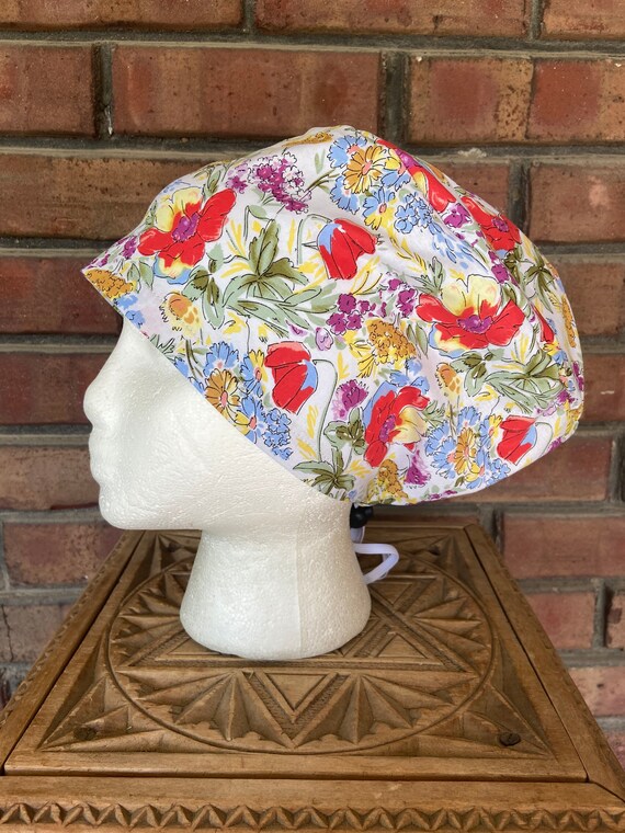 Wildflower Print - Surgical Scrub Cap -Handmade- Euro Pixie Toggle Scrub Hat