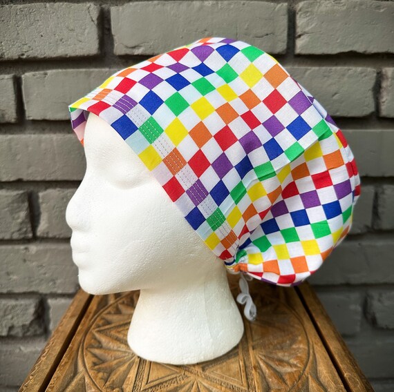 Rainbow Scrub Cap, Checker Scrub Hat, Scrub Caps for Women, Scrub Hats, Euro Scrub Cap, Scrub Cap with Buttons, Scrub Hat with Toggle