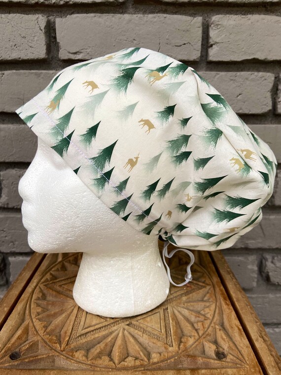 Aspen Forest Green and Gold Stag, Surgical Scrub Cap, Scrub Caps for Women, Scrub Hats, Euro Pixie Toggle Hat