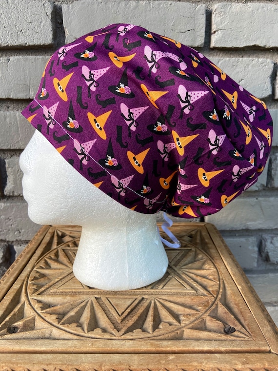 Halloween Purple Witch Print - Surgical Scrub Cap -Handmade- Euro Toggle Hat