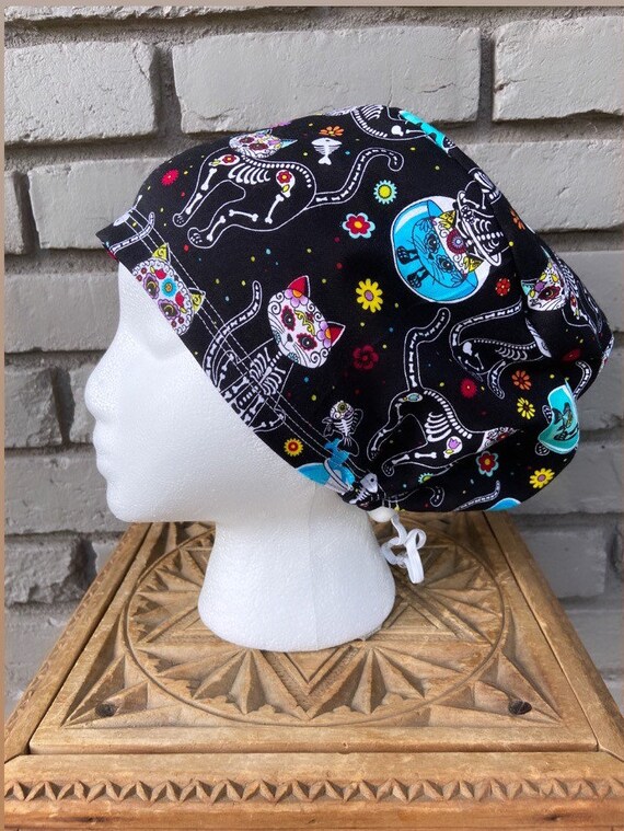 Halloween Scrub Cap, Day of the Dead, Sugar Skull, Cats, Surgical Scrub Cap, Scrub Caps for Women, Scrub Hats, Euro Pixie Toggle Hat