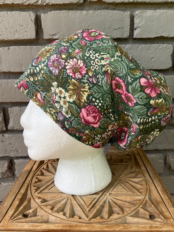 Olive Green Forest Floral Print - Surgical Scrub Cap -Handmade- Euro Pixie Toggle Scrub Hat