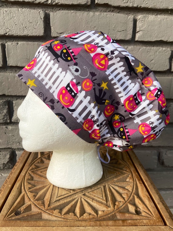 Trick or Treat Halloween Cat Print- Surgical Scrub Cap -Handmade- Euro Toggle Hat