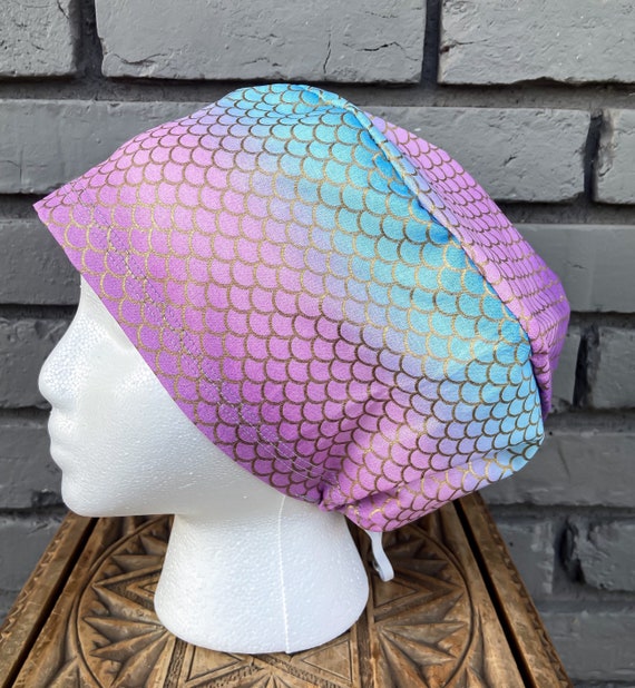 Mermaid Scrub Cap, Blue Purple Gold Ombré, Surgical Scrub Cap, Scrub Caps for Women, Scrub Hats, Euro Pixie Toggle Hat