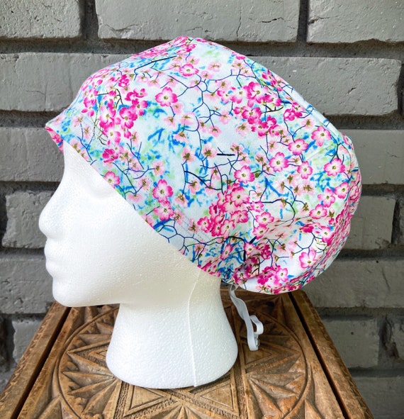 Floral Scrub Cap, Watercolor Floral, Surgical Scrub Cap, Scrub Caps for Women, Cherry Blossom, Scrub Hats, Euro Toggle Hat