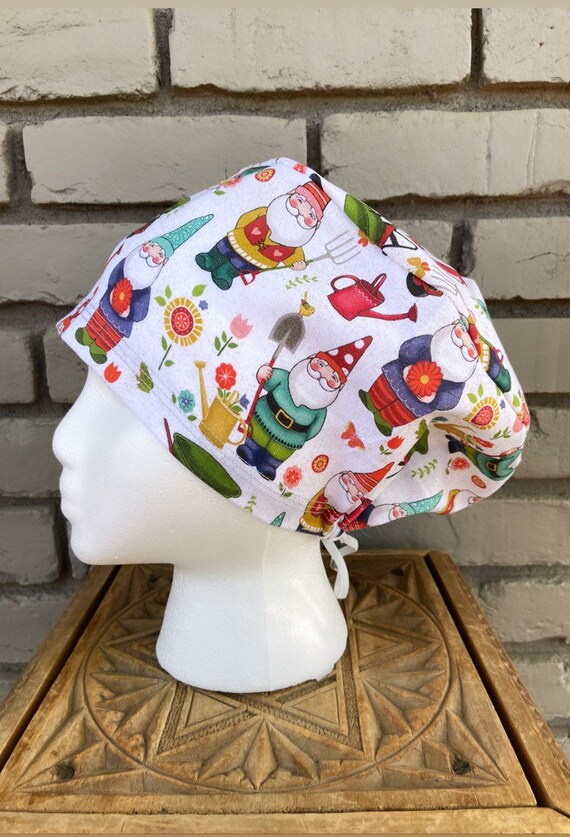 Garden Gnome Scrub Cap, Painted Pink Flower, Surgical Scrub Cap, Scrub Caps for Women, Scrub Hats, Euro Pixie Toggle Hat, Gnome