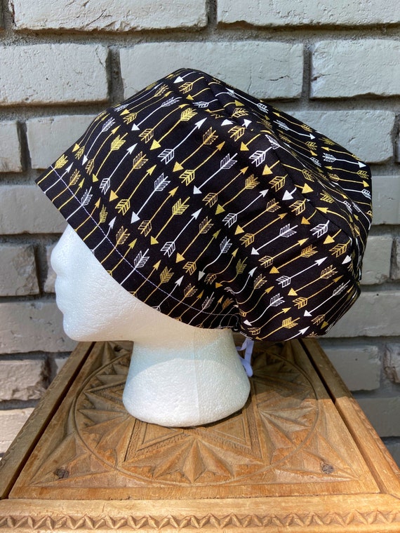 Black and Gold Arrow, Surgical Scrub Cap, Scrub Caps for Women, Scrub Hats, Euro Pixie Toggle Hat