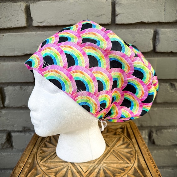 Rainbow Scrub Cap, Surgical Scrub Cap, Scrub Caps for Women, Scrub Hats, Euro Scrub Cap, Scrub Cap with Buttons, Scrub Hat with Toggle