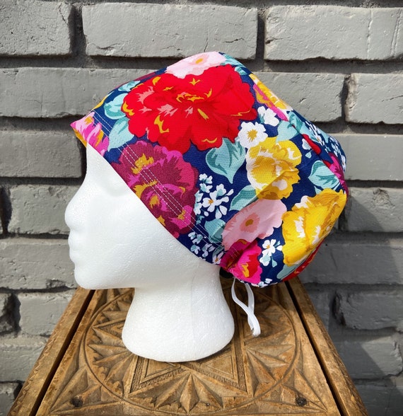 Floral Scrub Caps, Surgical Scrub Cap, Scrub Cap for Woman, Scrub Hats, Euro Scrub Cap for Woman with Toggle, Navy Floral