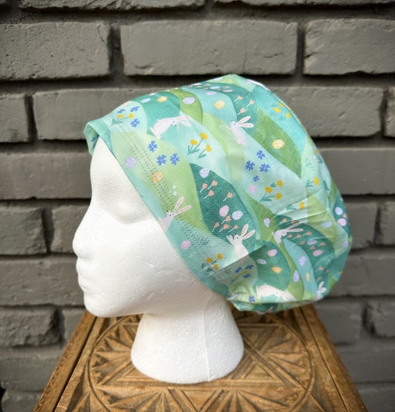 Easter Scrub Cap, Bunny, Rabbit, Floral Scrub Hat, Surgical Scrub Cap, Scrub Cap for Woman, Scrub Hats, Euro Scrub Cap for Woman with Toggle