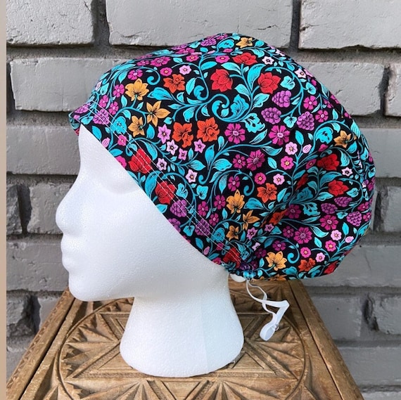 Floral Scrub Cap, Colorful Flowers, Surgical Scrub Cap, Scrub Caps for Women, Scrub Hats, Euro Pixie Toggle Hat