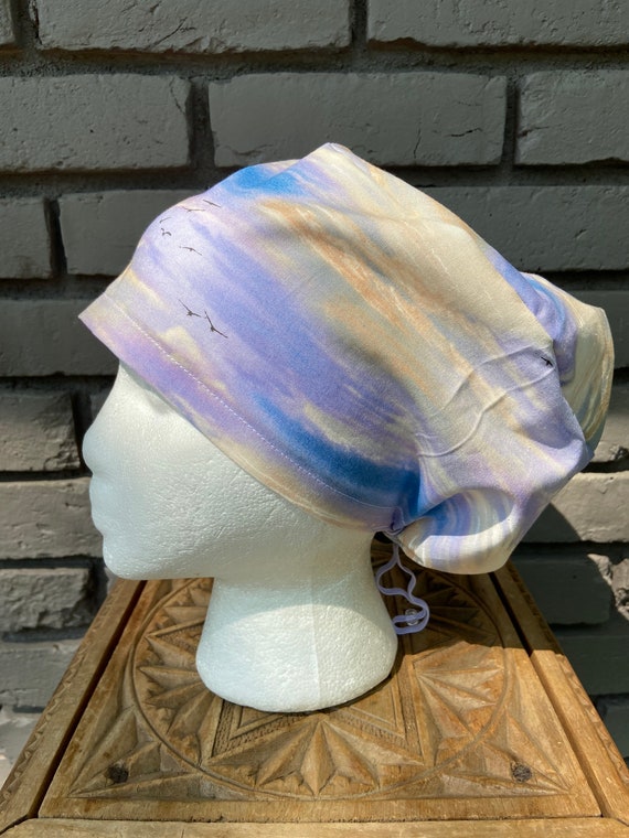Seaside Sunset Seagull Print - Surgical Scrub Cap -Handmade- Euro Pixie Toggle Scrub Hat