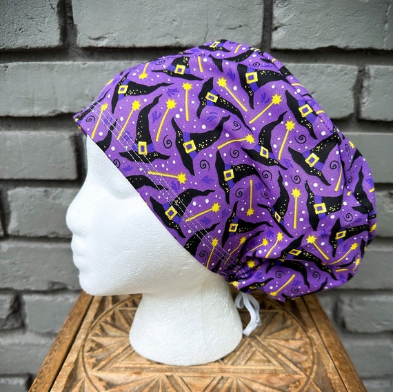 Halloween Scrub Cap, Witch Scrub Cap, Scrub Caps for Women, Scrub Hats, Euro Scrub Cap, Scrub Cap with Buttons, Scrub Hat with Toggle
