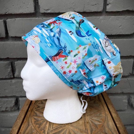 Regro Embroidery Ocean Octopus Scrub Caps Surgical Women With Button Adjustable Hats
