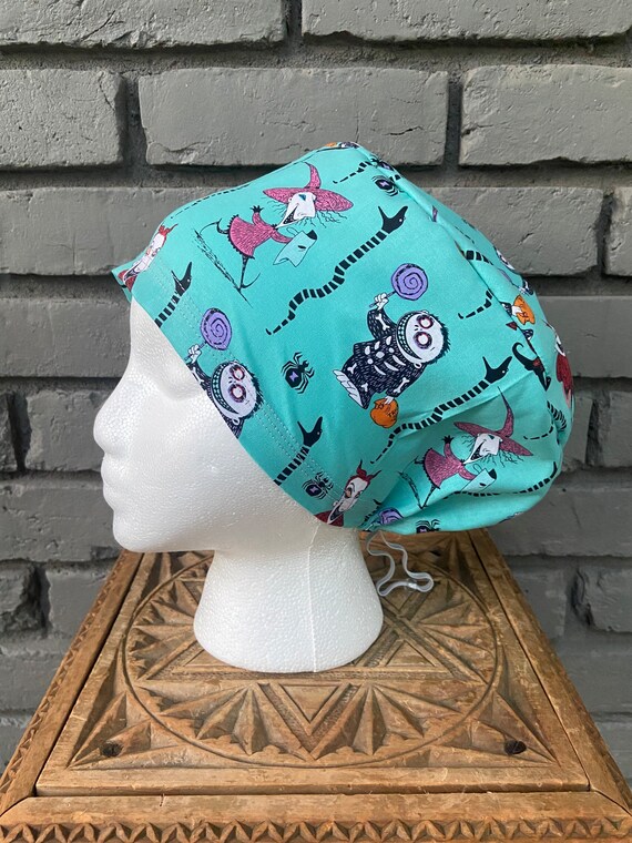Nightmare Surgical Cap, Scrub Caps for Women, Scrub Hats, Euro Scrub Cap, Scrub Cap with Buttons, Scrub Hat with Toggle