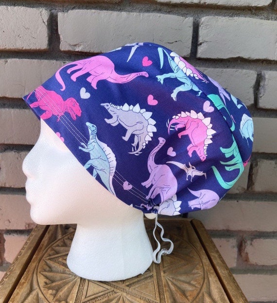 Dinosaur Scrub Cap, Surgical Scrub Cap, Scrub Caps for Women, Scrub Hats, Euro Scrub Cap, Scrub Cap with Buttons, Scrub Hat with Toggle