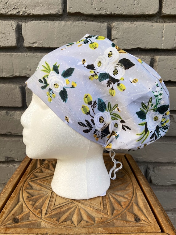 Floral Scrub Caps, Bee, Surgical Scrub Cap, Scrub Cap for Woman, Scrub Hats, Euro Scrub Cap for Woman with Toggle