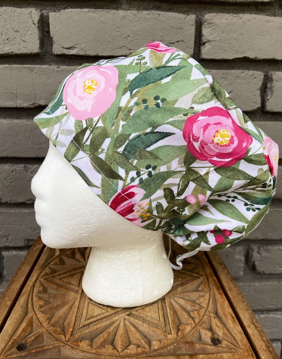 Floral Scrub Cap, Forest Green and Pink Flower, Surgical Scrub Cap, Scrub Caps for Women, Scrub Hats, Euro Pixie Toggle Hat