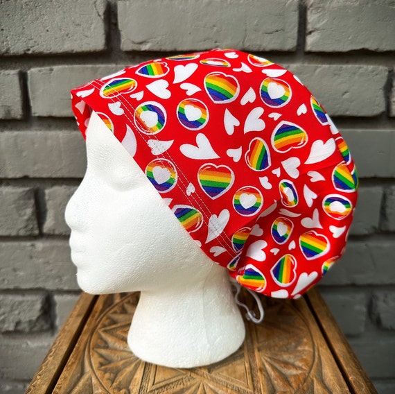 Rainbow Scrub Cap, Heart Scrub Hat, Surgical Scrub Cap, Scrub Caps for Women, Scrub Hats, Euro Scrub Cap, Scrub Cap, Scrub Hat with Toggle