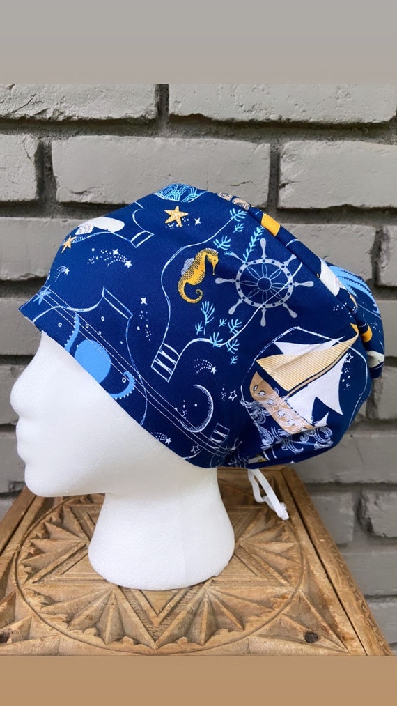 Ocean Scrub Cap, Surgical Scrub Cap, Scrub Cap for Woman, Scrub Hats, Euro Scrub Cap for Woman with Toggle, Seahorse