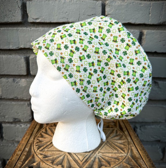 St Patricks Scrub Cap, Clover Surgical Scrub Cap, Scrub Cap for Woman, Scrub Hats, Euro Scrub Cap for Woman with Toggle, Four Leaf Clover