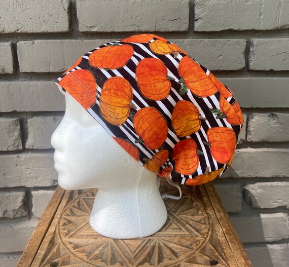 Fall Scrub Cap, Pumpkin Scrub Cap, Scrub Caps for Women, Scrub Hats, Euro Scrub Cap, Scrub Cap with Buttons, Scrub Hat with Toggle