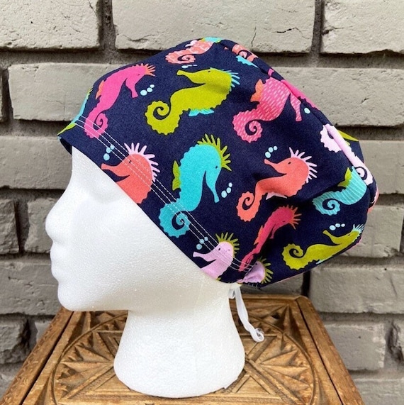 Seahorse Scrub Cap, Surgical Scrub Cap, Scrub Cap for Woman, Scrub Hats, Euro Scrub Cap for Woman with Toggle, Ocean