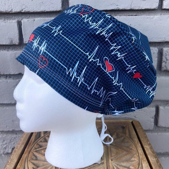 Heartbeat Scrub Cap, Surgical Scrub Cap, Scrub Cap for Woman, Scrub Hats, Euro Scrub Cap for Woman with Toggle, EKG