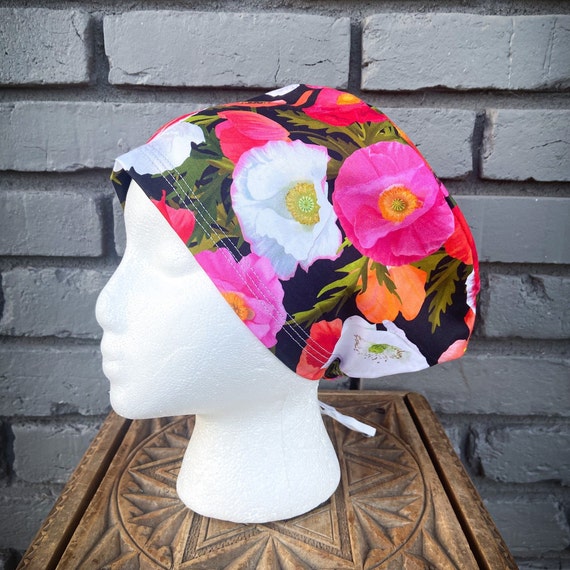 Floral Scrub Caps, Surgical Scrub Cap, Scrub Cap for Woman, Scrub Hats, Euro Scrub Cap for Woman with Toggle, Poppy