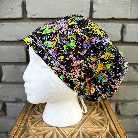 Rainbow Scrub Cap, Neon Splatter, Surgical Scrub Cap, Scrub Caps for Women, Scrub Hats, Euro Scrub Cap, Scrub Cap, Scrub Hat with Toggle