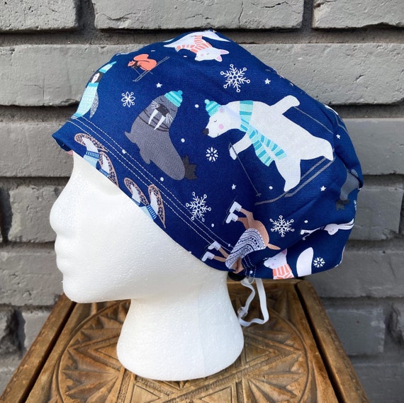 Winter Scrub Cap, Polar Bear, Raccoon, Fox, Deer, Surgical Scrub Cap, Scrub Caps for Women, Scrub Hats, Euro Pixie Toggle Hat