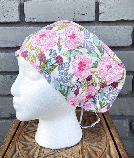 Floral Scrub Cap, Pink Flower, Surgical Scrub Cap, Scrub Caps for Women, Scrub Hats, Euro Pixie Toggle Hat, Peony