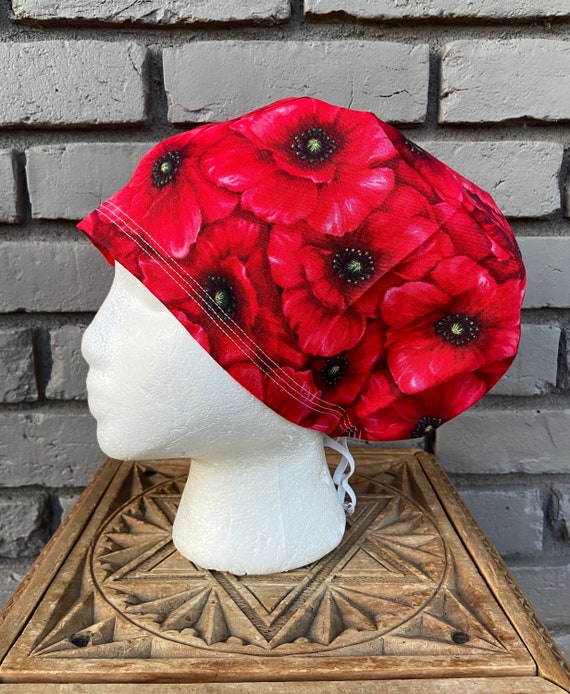 Floral Scrub Caps, Surgical Scrub Cap, Scrub Cap for Woman, Scrub Hats, Euro Scrub Cap for Woman with Toggle, Poppy