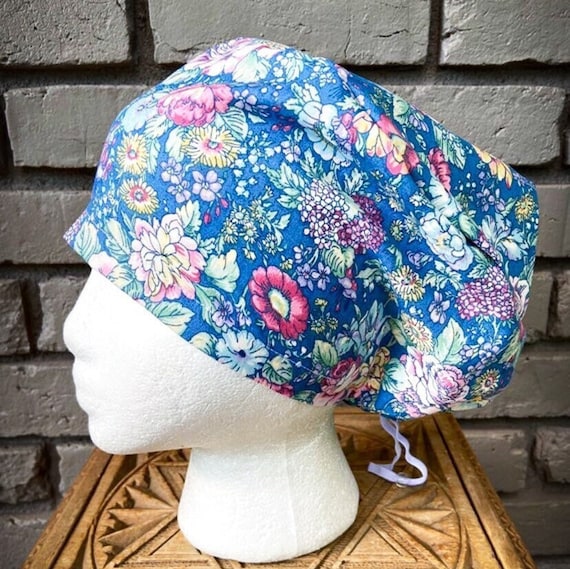 Floral Scrub Cap, Blue, Flower, Daisy, Surgical Scrub Cap, Scrub Caps for Women, Scrub Hats, Euro Pixie Toggle Hat