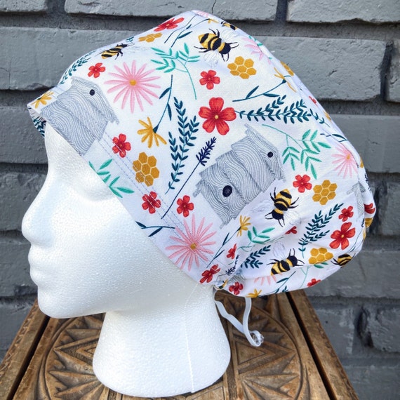 Bee Scrub Cap, Floral Hive Garden, Surgical Scrub Cap, Scrub Caps for Women, Scrub Hats, Euro Pixie Toggle Hat