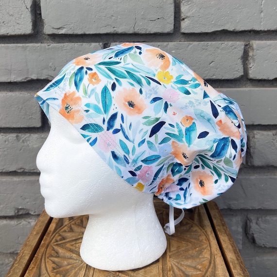 Floral Scrub Cap, Watercolor Floral, Surgical Scrub Cap, Scrub Caps for Women, Scrub Hats, Euro Pixie Toggle Hat,