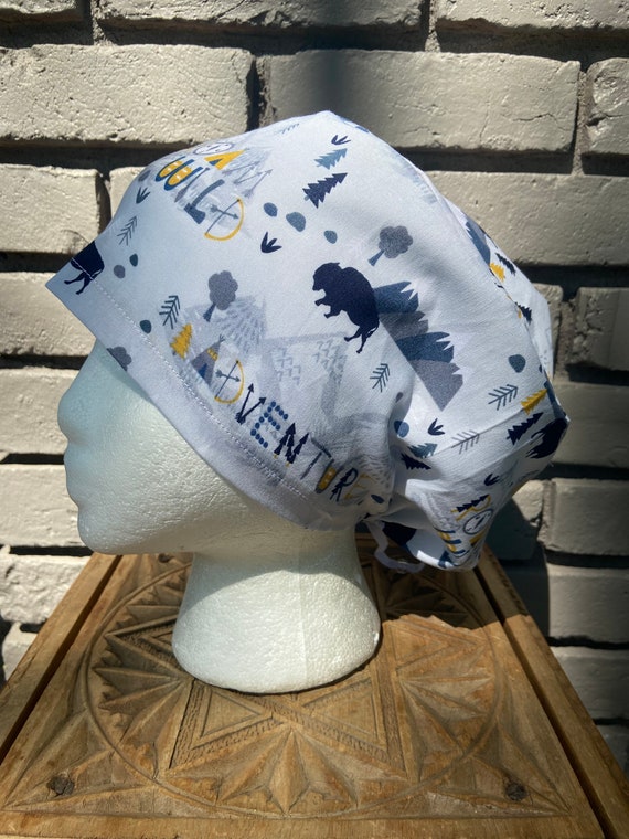 Gray, Blue, and Yellow Adventure Travel Print - Surgical Scrub Cap -Handmade- Euro Pixie Toggle Scrub Hat