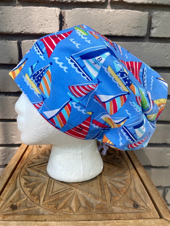 Bright Multicolored Sailboat Print - Surgical Scrub Cap -Handmade- Euro Pixie Toggle Scrub Hat