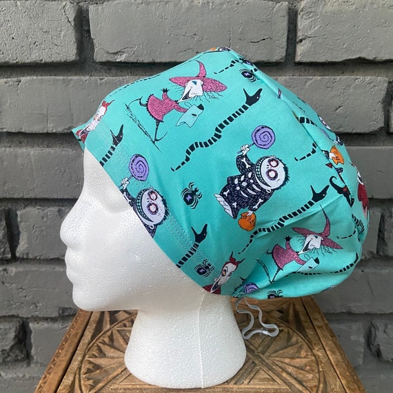 Nightmare Surgical Cap, Scrub Caps for Women, Scrub Hats, Euro Scrub Cap, Scrub Cap with Buttons, Scrub Hat with Toggle