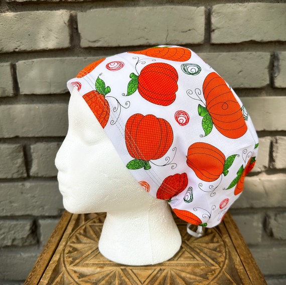 Fall Scrub Cap, Pumpkin Scrub Cap, Scrub Caps for Women, Scrub Hats, Euro Scrub Cap, Scrub Cap with Buttons, Scrub Hat with Toggle